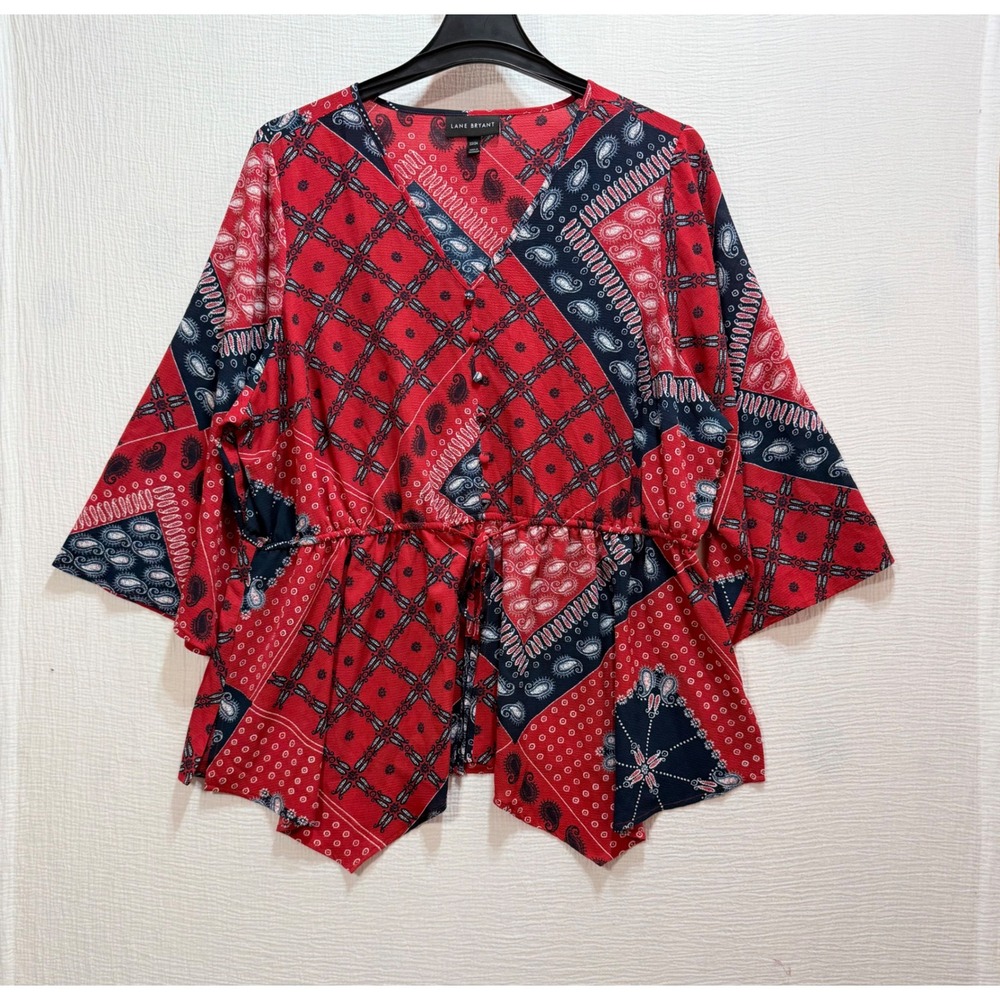 Lane Bryant Peplum Top  Womens 22/24 Red Bandana Patchwork Paisley V-Neck Casual